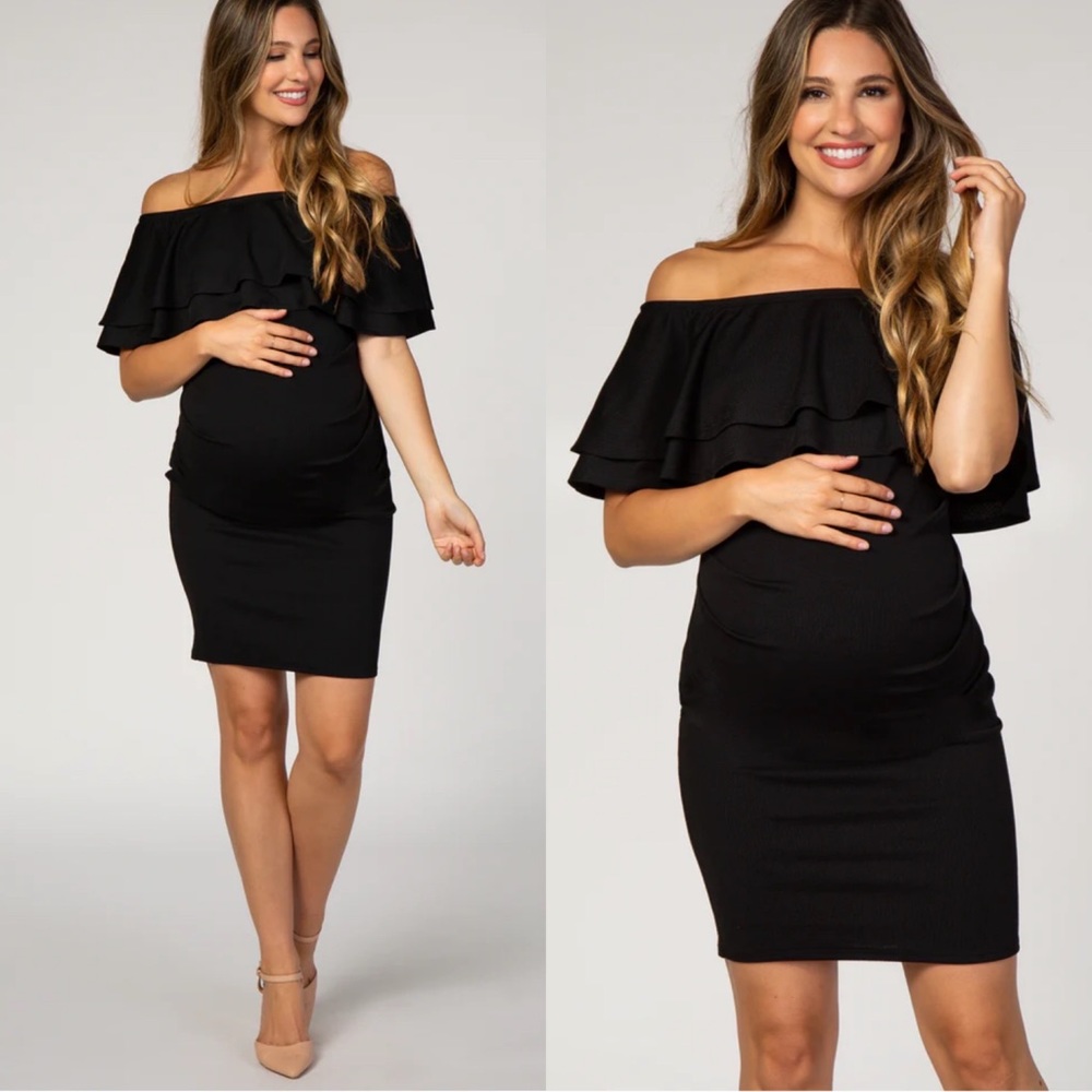 Pinkblush Black Off Shoulder Ruched Ruffle Layered Maternity Mini Dress
